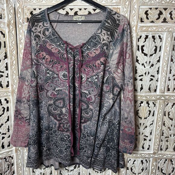 One World Women’s Boho Top Pink Paisley Lace Up V-Neck Long Sleeve Size 2X - Picture 1 of 7